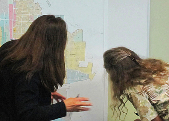 Healdsburg City Clerk Maria Curiel and Jeannie Rudd check a Healdsburg street location at the Initiative signature turn-in, 5/11/2016.