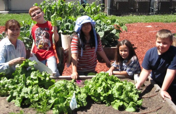 Dawna and Kids at Marguerite Hahn School organic garden