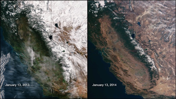 A comparison of California drought conditions, January 2013 & January 2014. Note the lack of snow in 2014.