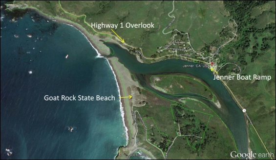 Russian River Estuary at Jenner. Graphic: Sonoma County Gazette.